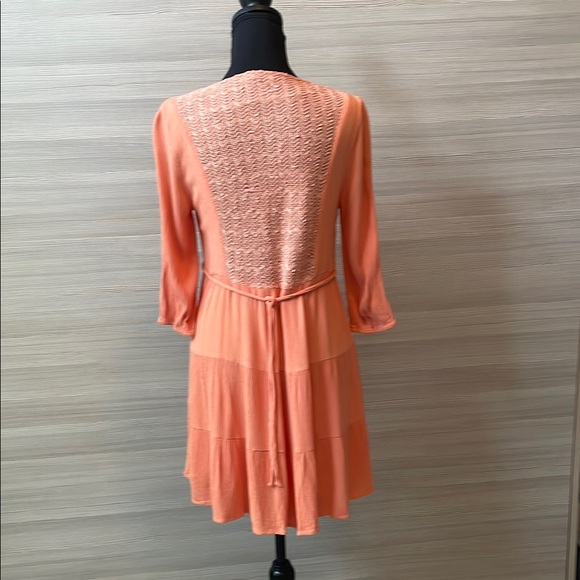 Miss Me Tiered Ruffle, Embroidered, Coral Mini Dress 3/4 Length Sleeves - Small - Picture 3 of 6